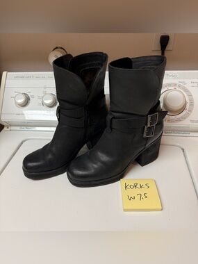 Kork-Ease Black Leather Buckle Mid-Calf Heeled Boots
